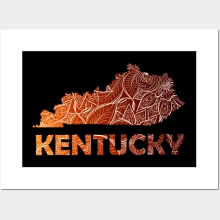 Colorful mandala art map of Kentucky with text in brown and orange Posters and Art